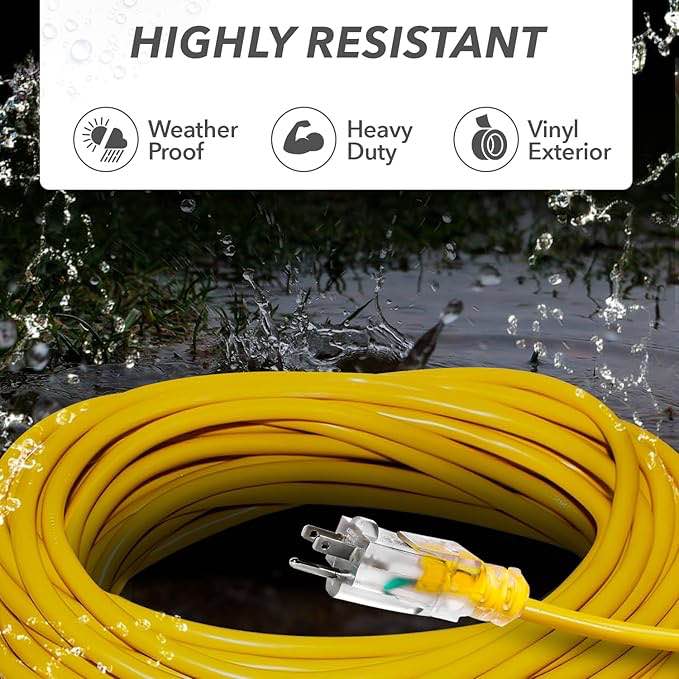 LifeSupplyUSA Cable de Extensión de Alimentación Exterior/interior 200 Pies Amarillo