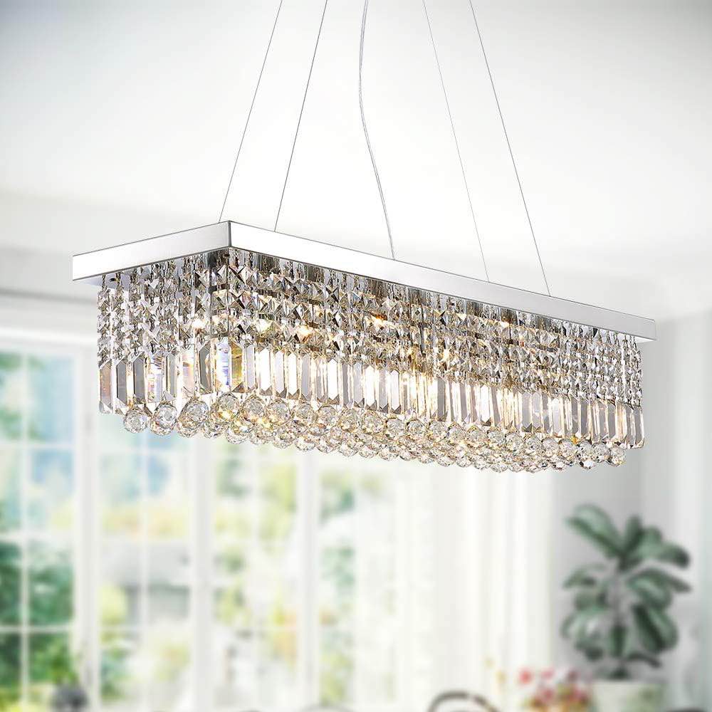 7PM Crystal Chandelier Modern Rectangle Pendant Light Contemporary Chrome Lighting Fixture for Kitchen Island Dining Room 47 Inch L47''