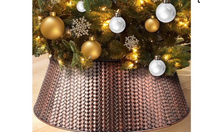 EIMMBD Metal Christmas Tree Collar, 28 Inch Christmas Tree Collar Basket Skirt for Large Christmas Tree, Artificial Tree Skirt Holiday Christmas Decorations Indoor Outdoor(Bronze)