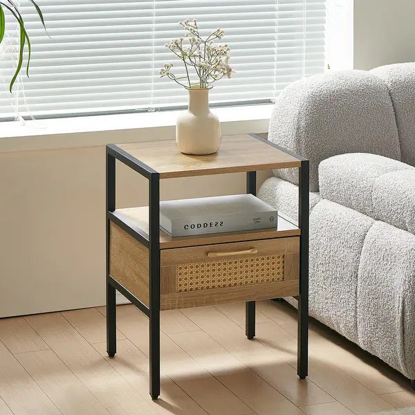 A Natural Colored Rattan Table with Drawers Modern Style with A Storage Compartment Suitable for Bedrooms and Living Rooms
