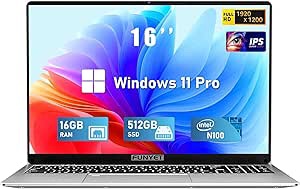 16 Inch Laptop Computer | Gaming Laptop | 16GB RAM 512GB SSD | 12th Gen N100 Processor | FHD 1920 * 1200 Display | 180 Angle Opening | Backlit Keyboard | Windows 11 Pro | Fingerprint Unlock