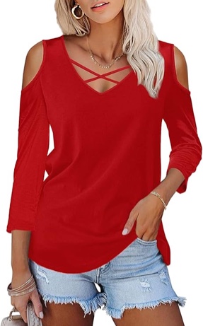 Amoretu Womens Summer Shirts 3/4 Long Sleeve V Neck Criss Cross Cold Shoulder Tops Blouse
