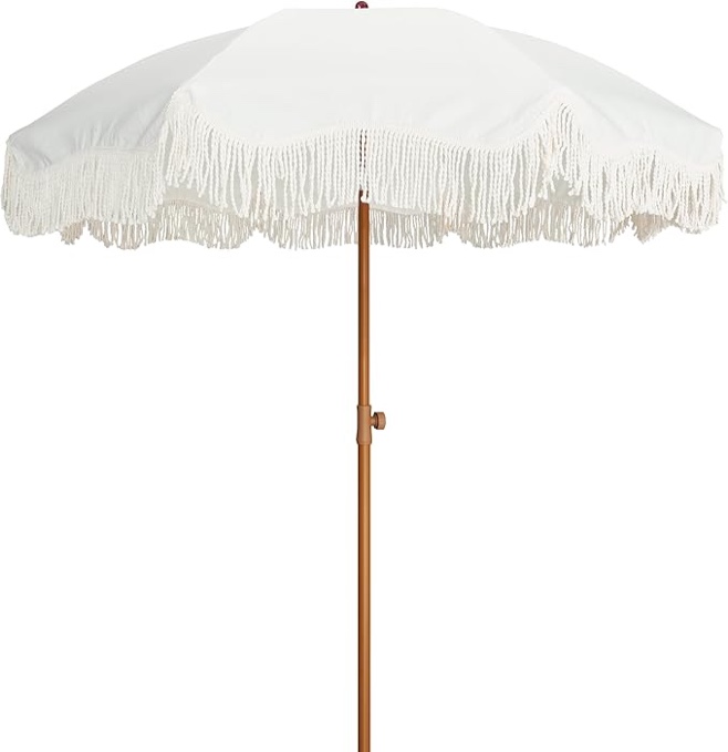 AMMSUN Boho Outdoor Umbrella with Tassels, 6.5ft Fringe Beach Umbrella, UPF50+ Picnic Umbrella Outdoor Patio with Steel Pole and Push Button Tilt, Antique White