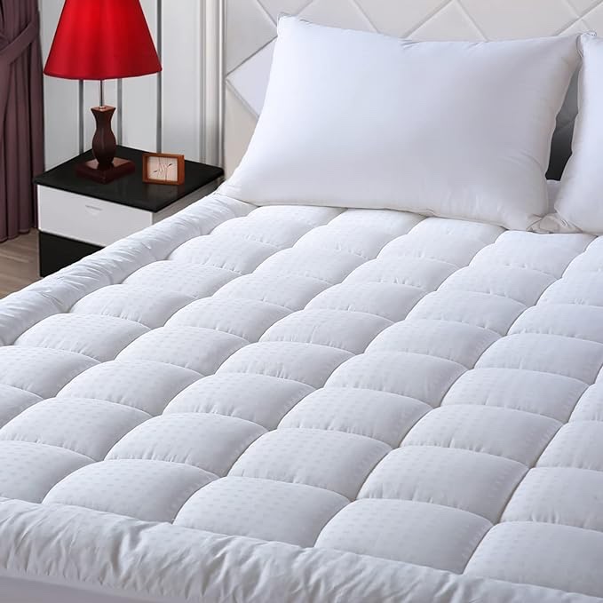 EASELAND Queen Size Mattress Pad Pillow Top Mattress Cover Quilted Fitted Mattress Protector Cotton Top Stretches up 8-21" Deep Pocket Cooling Mattress Topper (54in x75 inWhite)