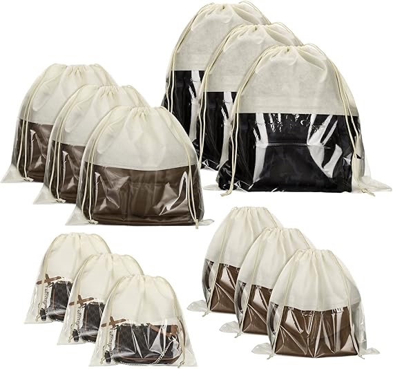 Shappy 12 Pcs Dustproof Drawstring Bags Dust Bags Covers Non Woven Fabric Cloth Storage Pouch String Dust Bags for Purse Handbags Packing Shoe Pouch Bag Organizer(Beige,Assorted Sizes)