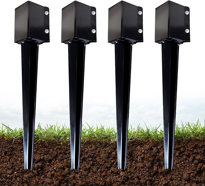 ARIFARO Fence Post Anchor Ground Spike Heavy Duty Metal Black Powder Coated Fence Stakes Post, 4x4 inch(3.5 x3.5 inch Inner) Pack of 4 (24 inch)