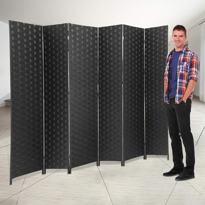 Room Divider, 6FT Wall Divider Wood Screen 6 Panels Wood Mesh Hand-Woven Design Room Screen Divider Indoor Folding Portable Partition Screen,Black