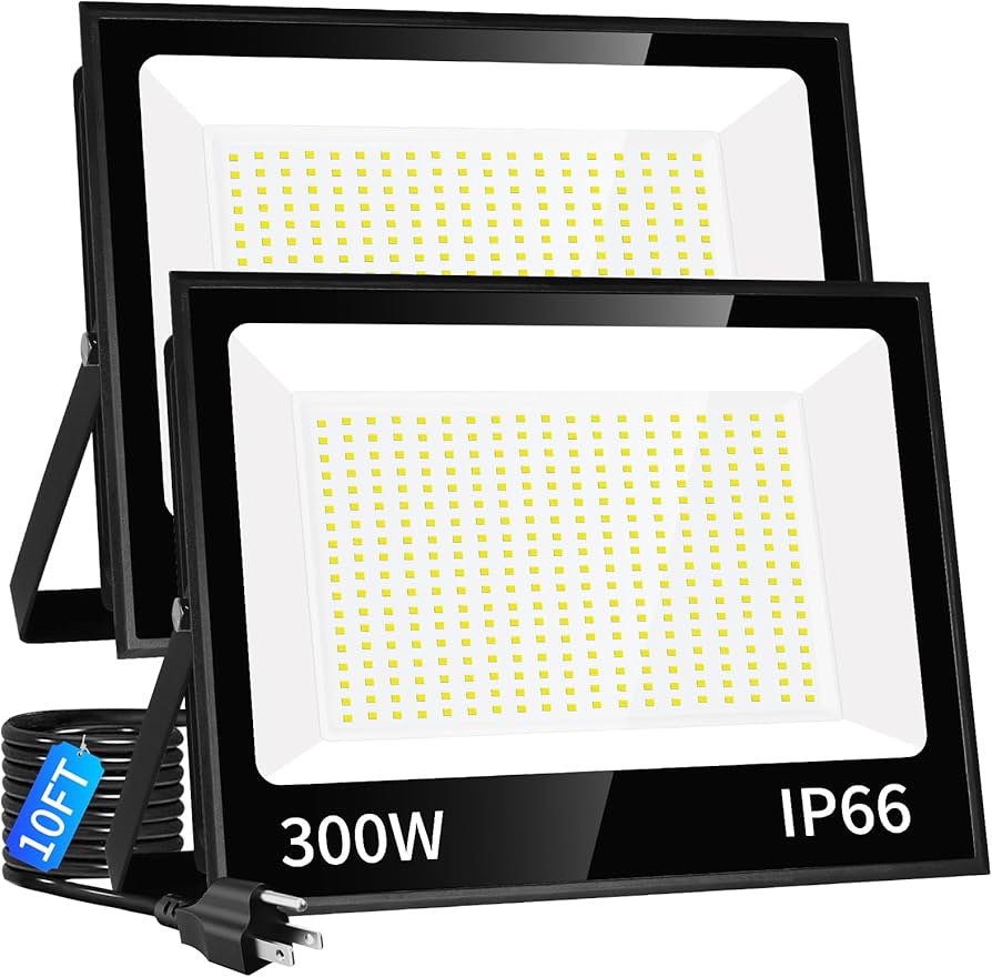 300W LED Flood Light Outdoor with Plug(2000W Eqv), 36000LM Ultra Brighter Security Light, IP66 Waterproof Exterior Plug in Floodlight, 5000K Daylight White for Lawn Yard Garden Stadium(2 Pack)