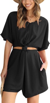 DEEP SELF Women’s Summer Short Sleeve Rompers Casual V Neck Knot Front Cut Out Shorts Jumpsuit, Black XXL 