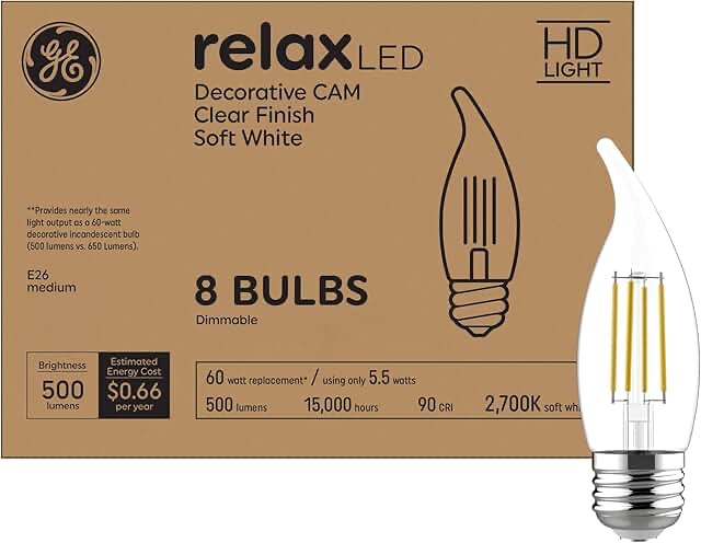 GE Lighting Relax LED Light Bulbs, 60 Watt Eqv, Soft White, Decorative Bulbs, Medium Base (8 Pack)