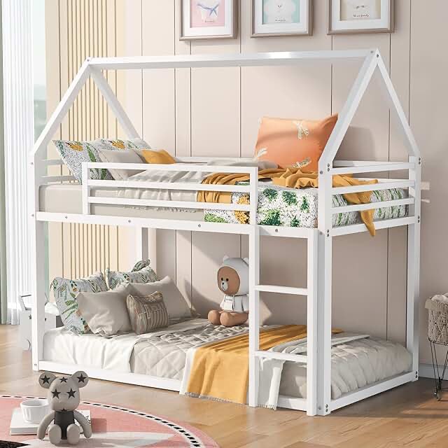 Lifeand Twin Over Twin House Bunk Bed with Built-in Ladder,White( only 1 box ) 