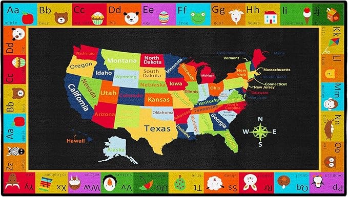 Map Classroom Rug 6’ x 8’  Map Classroom Carpet for Preschool Non Slip Colorful Educational USA Map Black Playmat for Elementary, Nursery, Kids Room