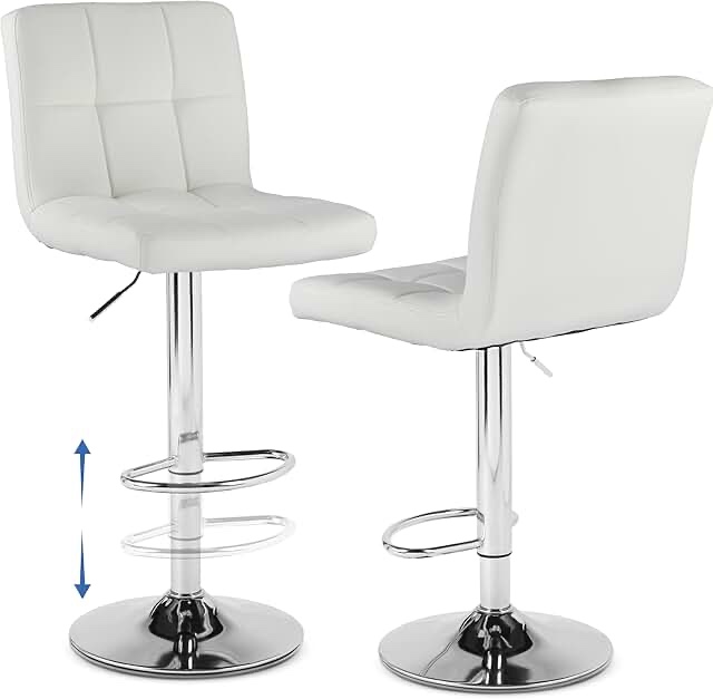 Bar Stools Set of 2, Counter Height Barstools,Square Seat Cushion Barstool with Back, Height Adjustable PU Leather Swivel Barstool with Footrests for Kitchen,Island,Cafe,Pub,White