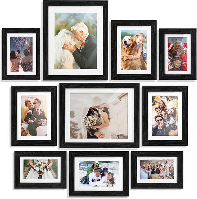 Picture Frame Set of 10 Display Pictures 8x10 5x7 4x6 with Mat and HD Glass, Gallery Photo Frames for Wall or Tabletop (Black)