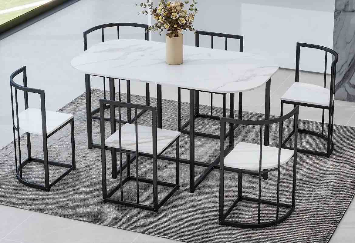 Dining Table Set 6 Stools - Industrial Compact Kitchen Table & Chairs Sets, Space-Saving Design for Apartment, Small Space, Breakfast Nook ( See Description)