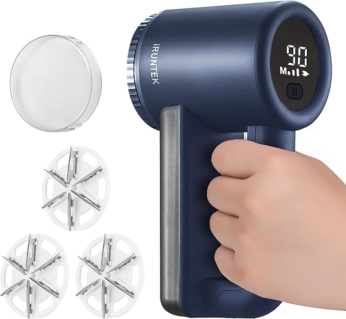 iRUNTEK Rechargeable Fabric Shaver, Electric Commercial Lint Remover with LED Display & Big Trash Box, 3-Speeds for Removing Fuzz and Pill from Clothes, Furniture, Sweater, Couch and Blanket, Navy