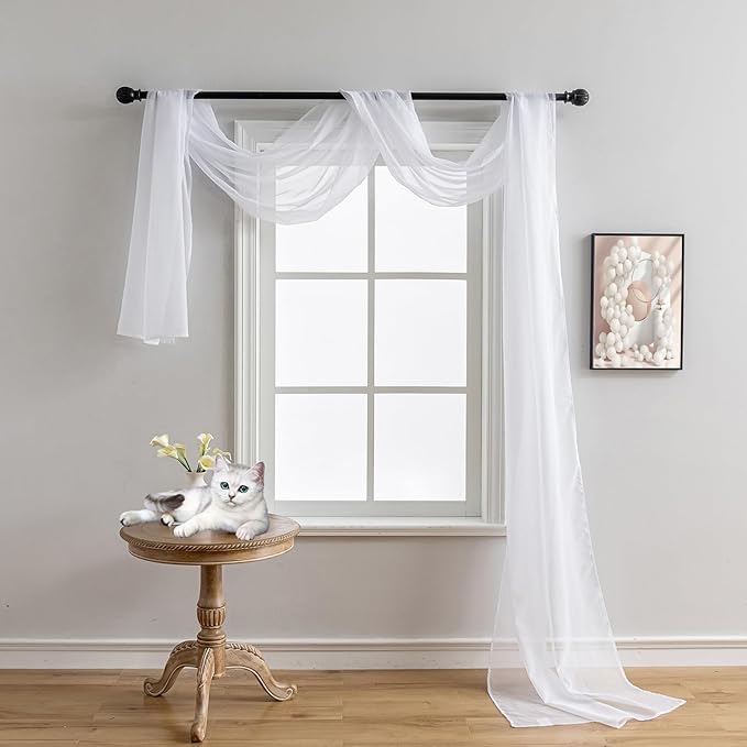 AZRMT Window Scarf Bed Canopy Curtains Wedding Arch Draping Fabric 216 Inches Long (18Ft), Curtain Scarf Valances for Windows Living Room Bedroom Party, White Sheer Fabric for Draping 1 Panel 37Wx216L