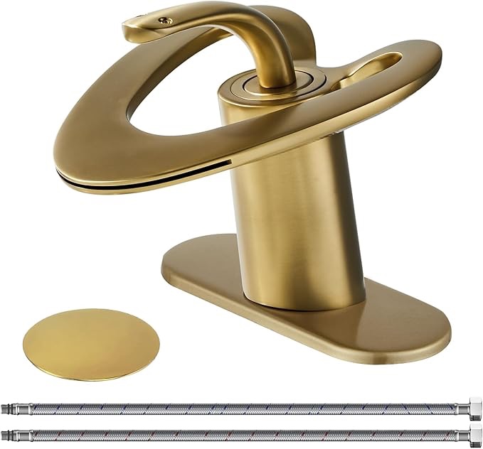Wovier Brushed Gold Waterfall Bathroom Sink Faucet,Single Handle Single Hole Brass Lavatory Vanity Faucet,Basin Mixer Taps with Supply Hose and Pop Up Drain Assembly