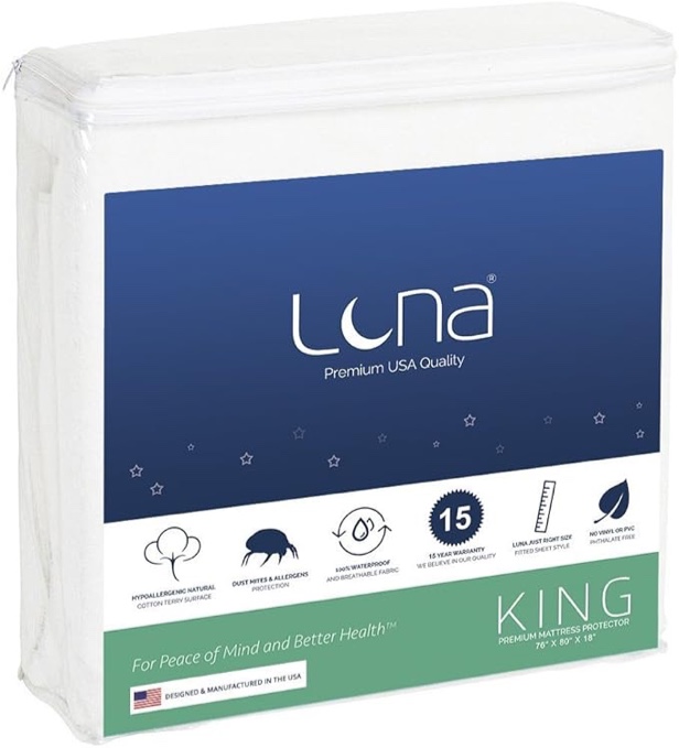 King Size Luna Premium Waterproof Mattress Protector - Made in The USA - Vinyl Free