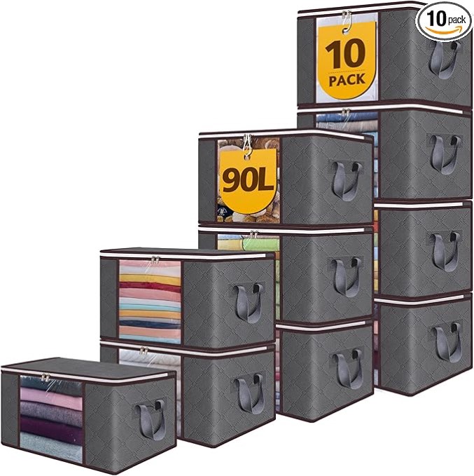 VISRIE 90L Large Storage Bags For Clothes, 10 Pack Foldable Blanket Clothing With Lids And Handle, Grey Containers Organizers Bins Zipper Closet,Clothing,Comforters Blankets