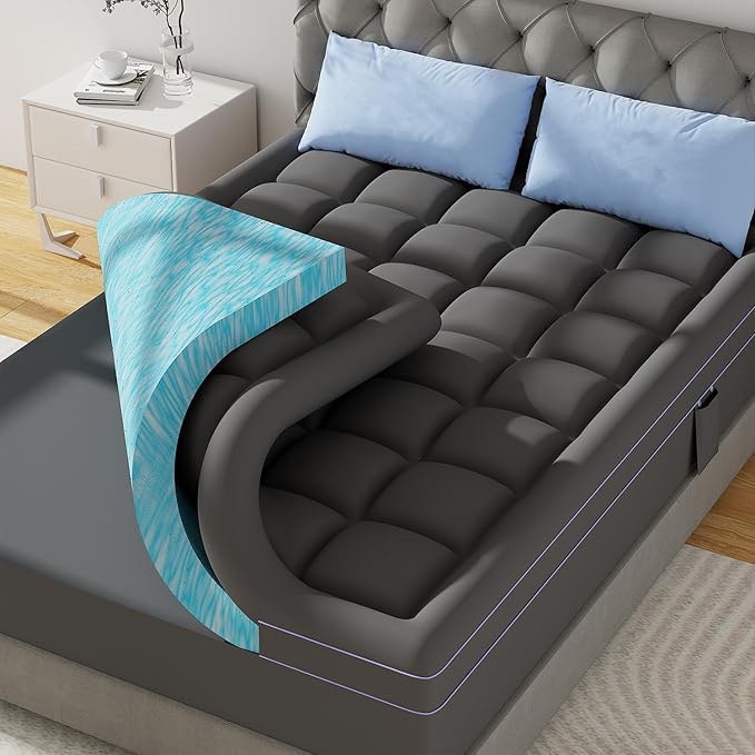 ABENE 3 Inch Dual Layer Memory Foam Mattress Topper, 2 Inch Memory Foam Plus 1 Inch Down Alternative Pillowtop Mattress Pad, with Bedside Pocket, Support for Back Pain (King, Gray)