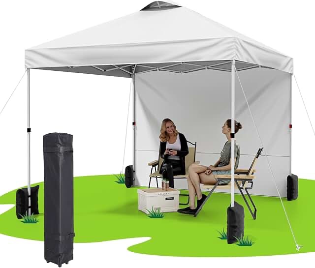 10'x10' Pop Up Canopy Tent with Sidewall and 6 Pockets, Patented One Push, Instant Shade Canopy with Vented Roof for Patio Outdoor, Case, 8 Stakes, 4 Ropes, 4 Sandbags (White)