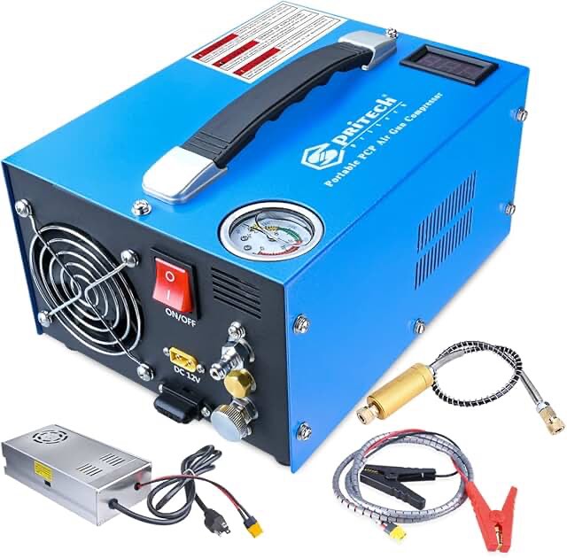 Spritech PCP Air Compressor, Portable 4500Psi/30Mpa, Water/Oil-Free, PCP Rifle/Pistol and Paintball Tank Air Pump, Powered by 12V Car DC or Home 110V AC with Power Converter and Oil-Moisture Filter