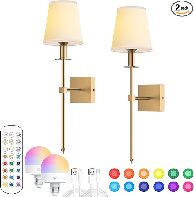 Gold Battery Operated Wall Sconce, Modern Rechargeable Wireless Wall Lights with Remote, Timer, Dimmable RGB Battery Powered Wall Sconce for Bedroom, Living Room, Hallway