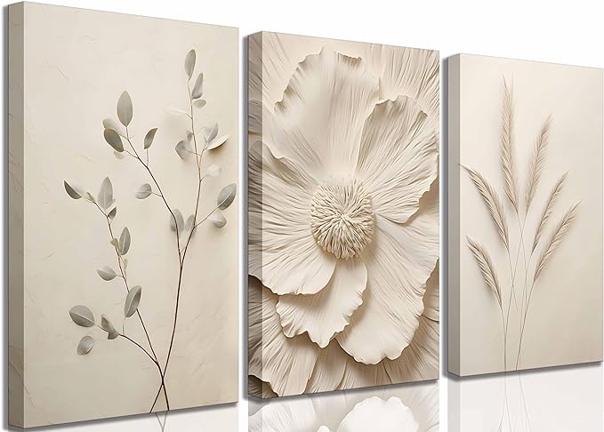 3Pcs Neutral Beige Floral Plant Canvas Wall art Textured Flower Botanical Painting Picture Wall Decor Vintage Blossom Poster Prints for Living Room Bedroom Bathroom 