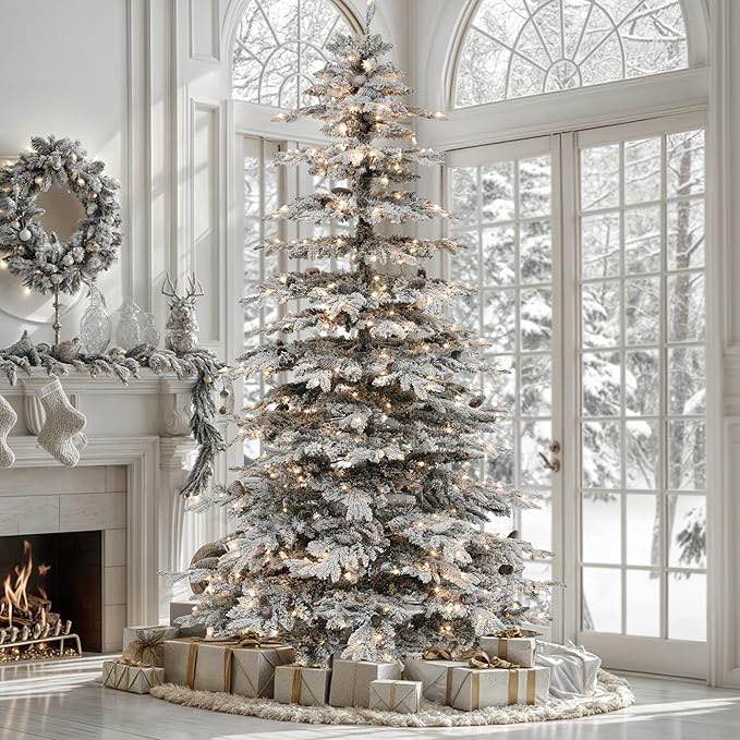 YITAHOME Pre-Lit Mountain Pine Flocked Artificial Christmas Tree, 9FT Pre-Decorated Pine Hierarchical Tower Flocked Christmas Tree, Lights