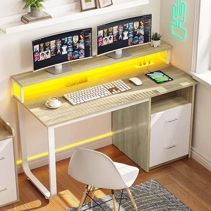YITAHOME Computer Desk with Drawers,Office Desk with Power Outlets & LED Light, Home Office Desk with Storage Shelves, White & Oak