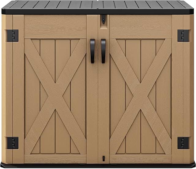 Outdoor Storage Shed, Weather-Resistant Resin, Capacity, Horizontal Design, X-Shaped Lockable Door, Suitable for Bike, Garden Tools, Trash Cans, Brown