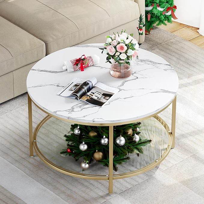 YITAHOME Round Coffee Table with Glass, White Marble Coffee Tables for Living Room, 2-Tier Round Side Table with Storage, Simple Modern Center Cocktail Table, (White & Gold)