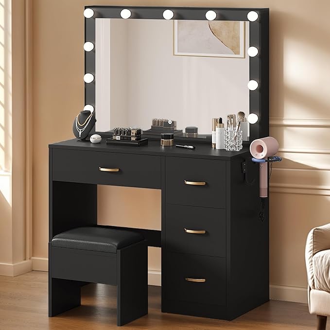YITAHOME Vanity Desk with Large LED Mirror, Light Bulbs, Power Outlet, 4 Drawers, and Cushioned Stool for Bedroom brown