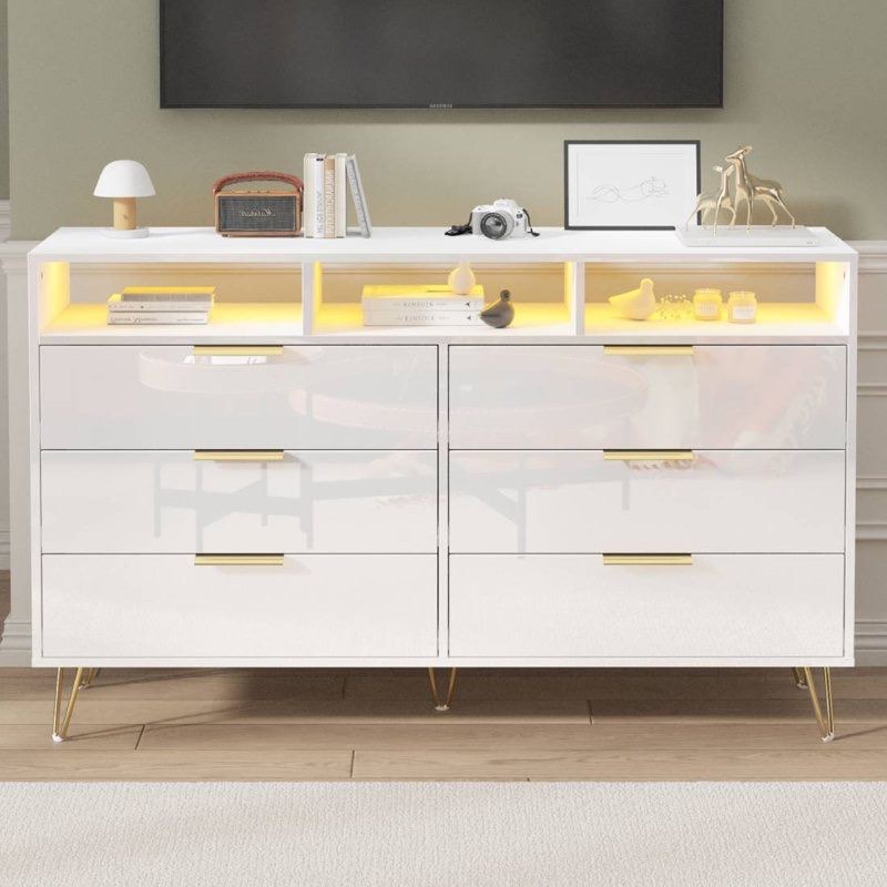 White Dresser for Bedroom, High Gloss 6 Drawer Dresser , Modern Wood Dressers & Chests of Drawers, Living Room,