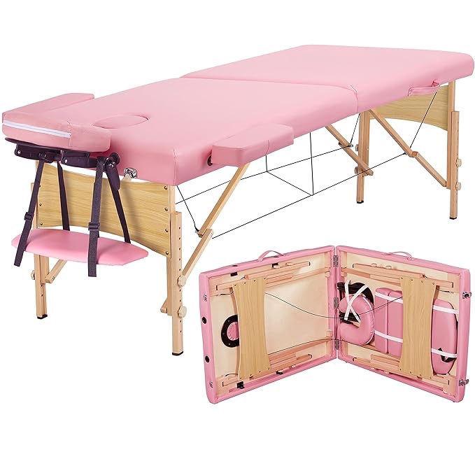 Yaheetech Massage Table Portable Lash Beds Spa Bed Massage Couch Foldable Spa Tables Adjustable 2 Fold with Non-Woven Bag 24 inch, Pink