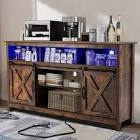 4 Layer Farmhouse Coffee Bar Cabinet With Power Outlet & LED Light, Barn Door Buffet Cabinet Kitchen Storage With Adjustable Shelves(Brown) AI-DJ0100TN