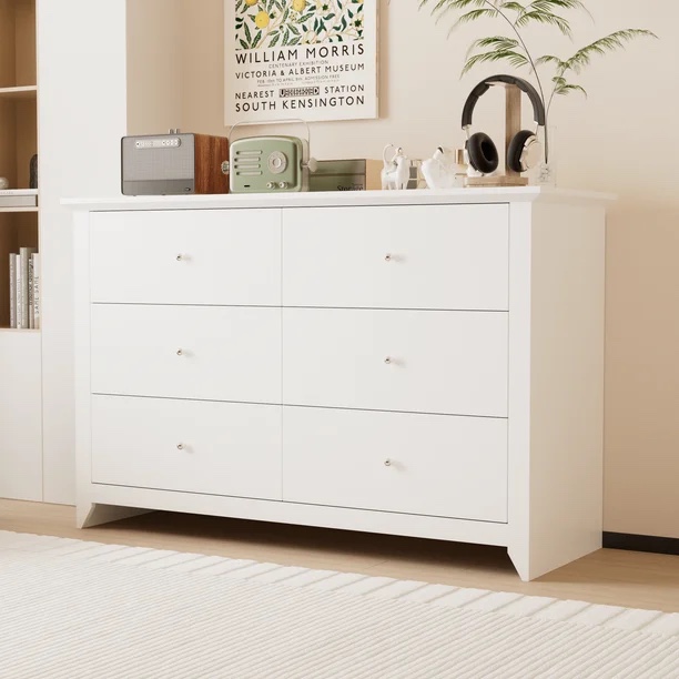  6 Drawer Double White Dresser for Bedroom Wood Chest of Drawers for Living Room Entryway 