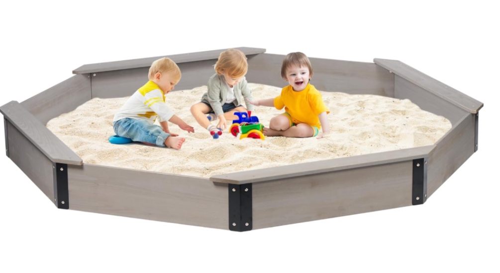 85''x78''x9'' Octagon Sandbox with Cover for Kids Outdoor Play, Wood Large Sandpit with 4 Benches, Quick Easy Install