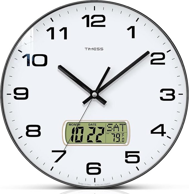 Wall Clock, 12" Dial Non-Ticking Silent Battery Operated Analog with LCD Display for Perpetual Calendar and F° Temperature, Ideal Modern Home, Bedroom, Kitchen, Office Decor (Black)