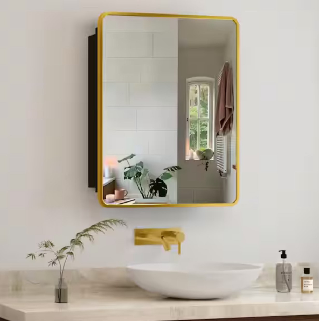 24 in. W x 30 in. H Gold Rectangular Framed Aluminum Recessed/Surface Mount Medicine Cabinet with Mirror Removable Shelf