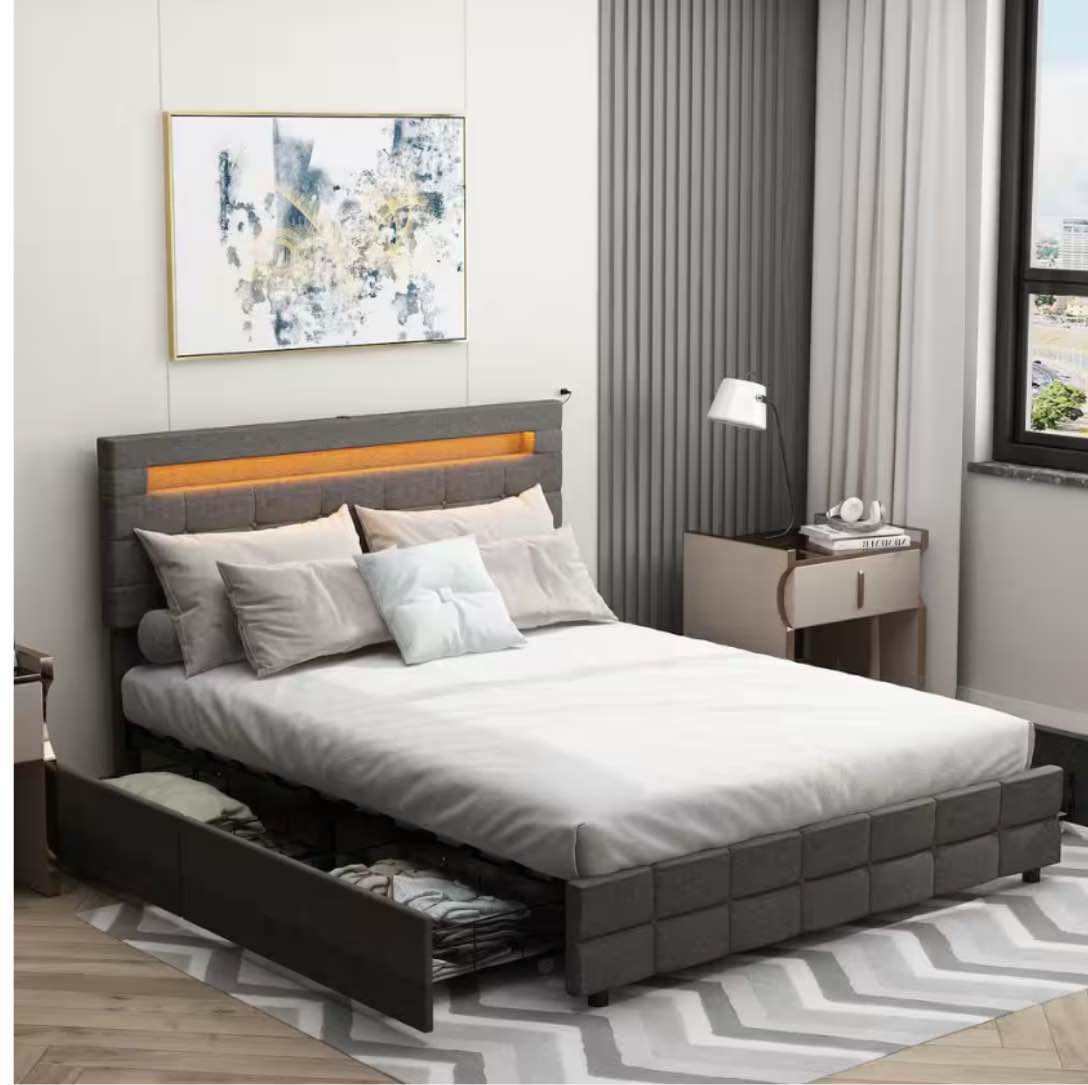  Full Led Bed With 4 Drawers Dark Gray