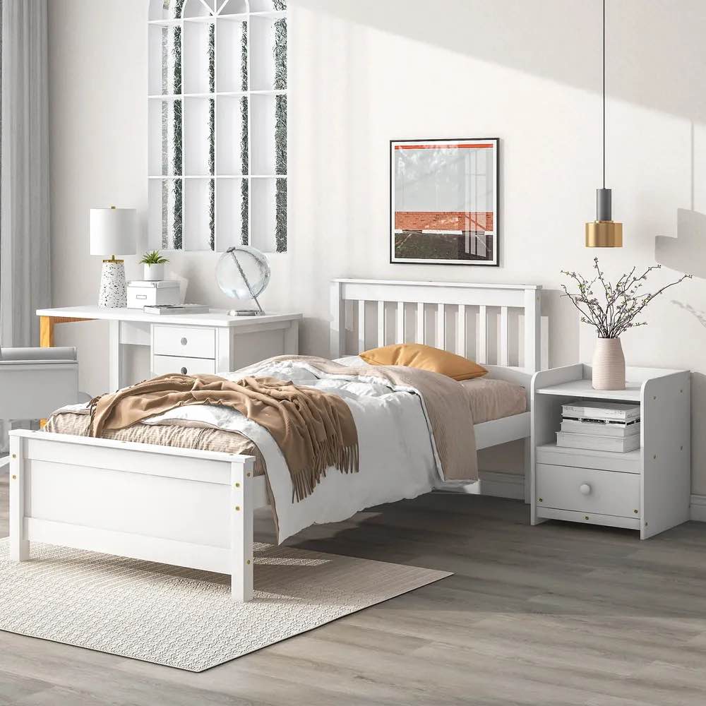 Twin Bed with Headboard and Footboard for Kids, Teens, Adults, with a Nightstand, White