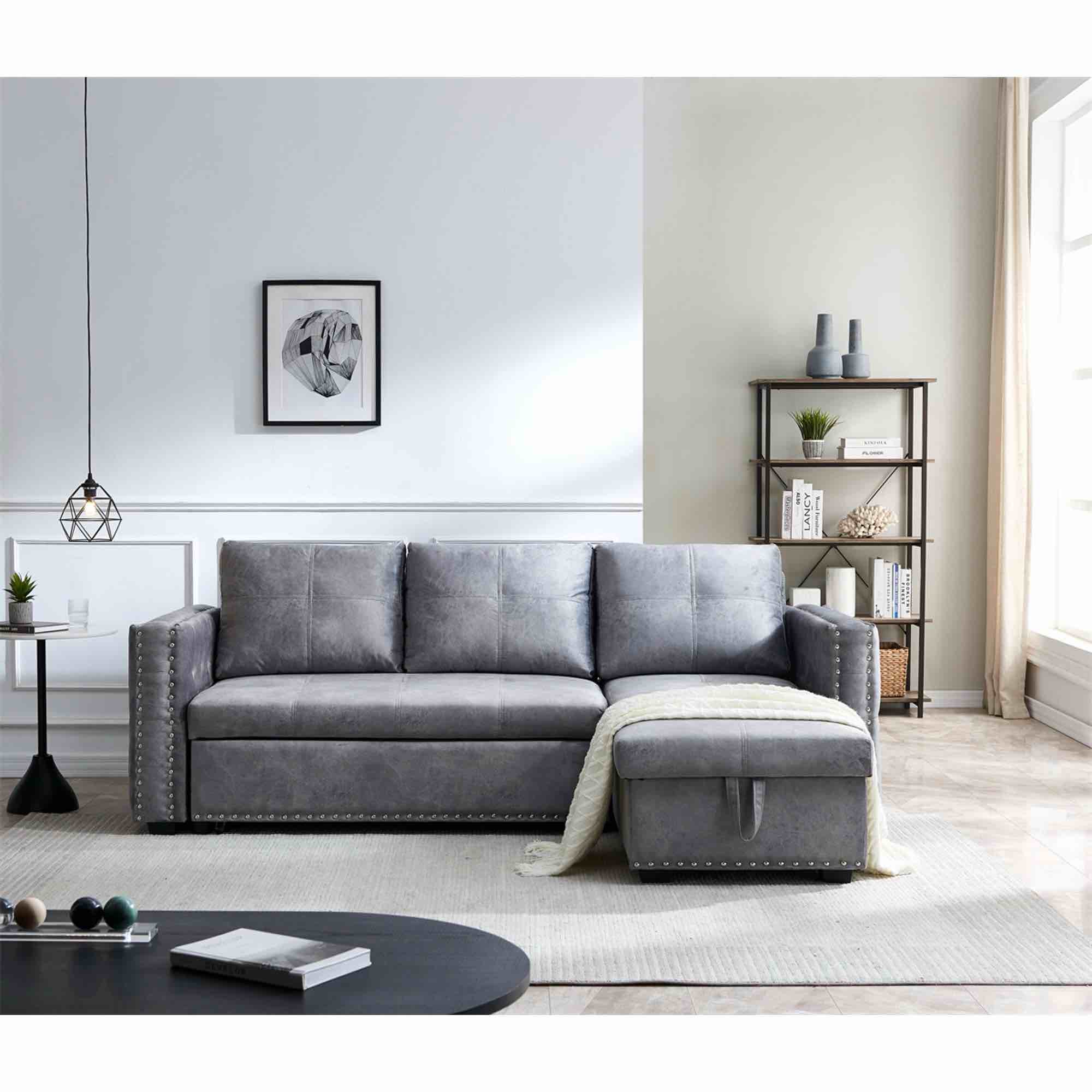 Sectional sofa with pulled out bed, 2 seats sofa and reversible chaise with storage, both hands with copper nail, GREY, 