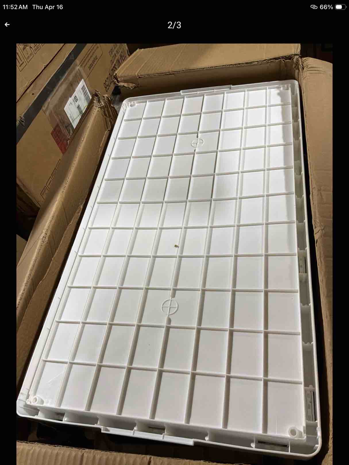 Condition photo showing As Is for 4 tier plastic storage bins with lid 28qt - stackable storage containers with wheels, folding storage