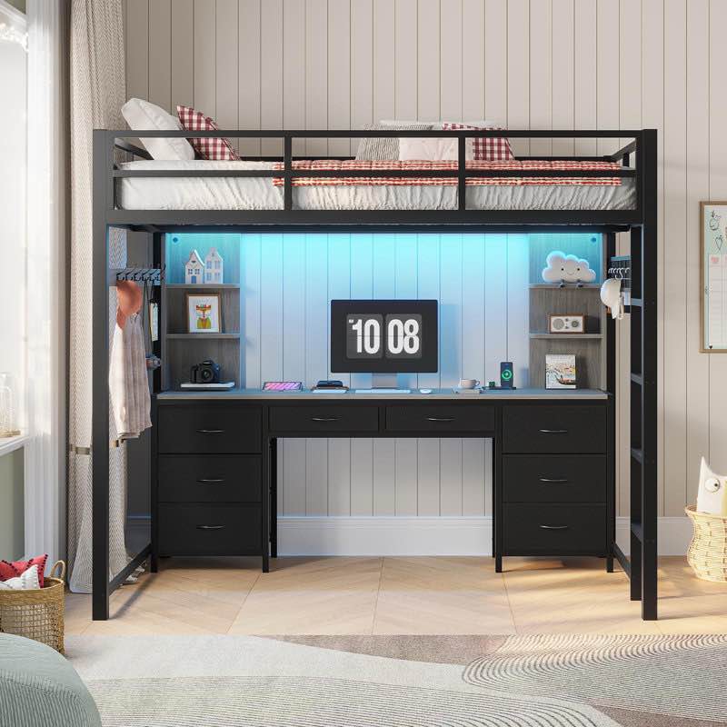 Loft Bed With Desk And Charging Station, Metal Loft bed With 8 drawer