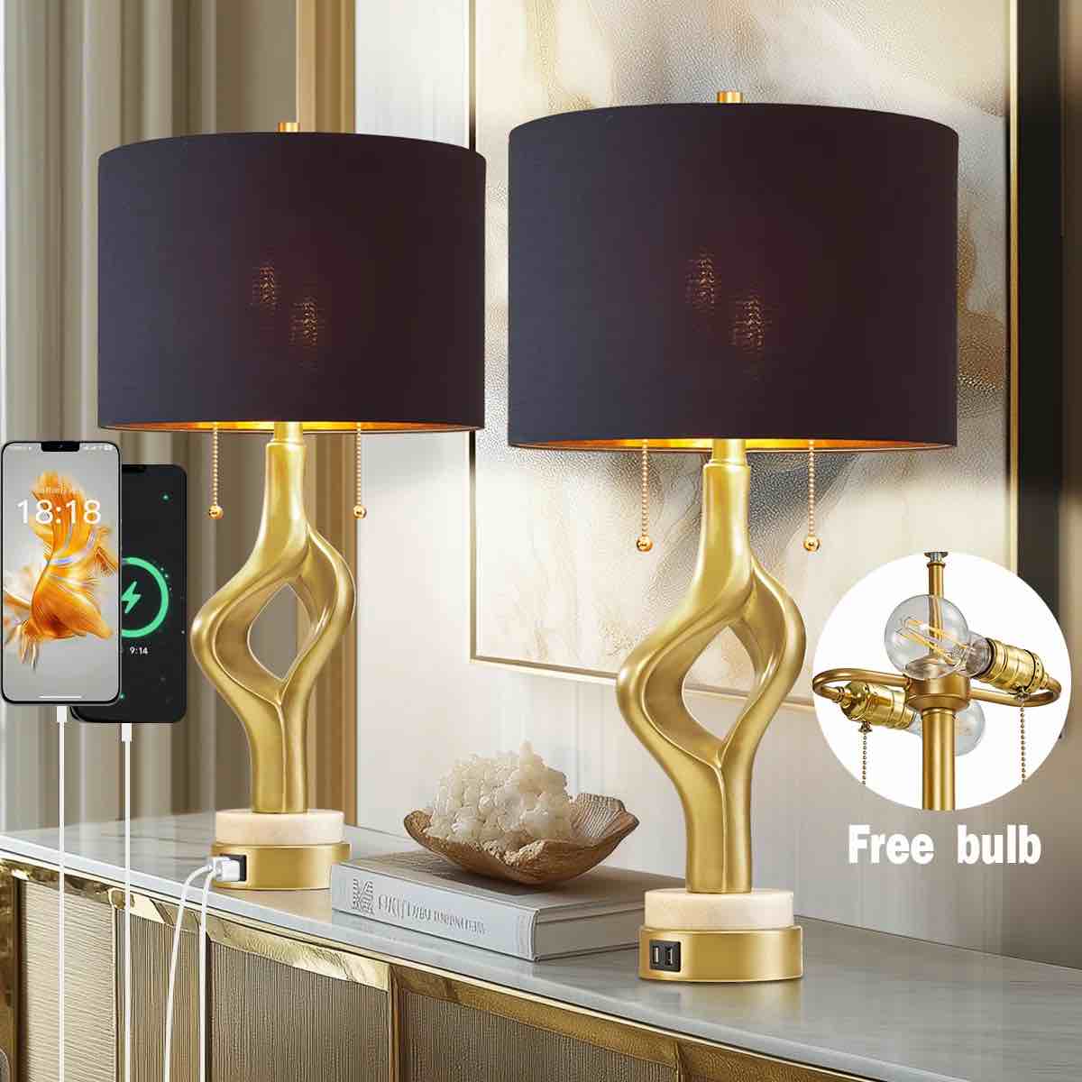 Set of 2 à 23" Modern Gold Table Lamps with Dual Heads, USB Ports,