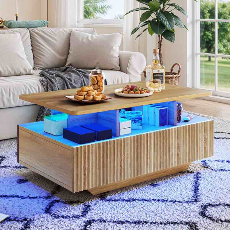  Modern Farm Fluted LED Coffee Table With 4 Drawers