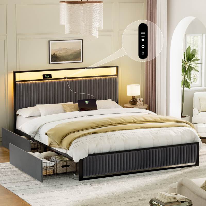 Antioch Upholstered Bed Frame with 2 Storage Drawers, Modern Platf