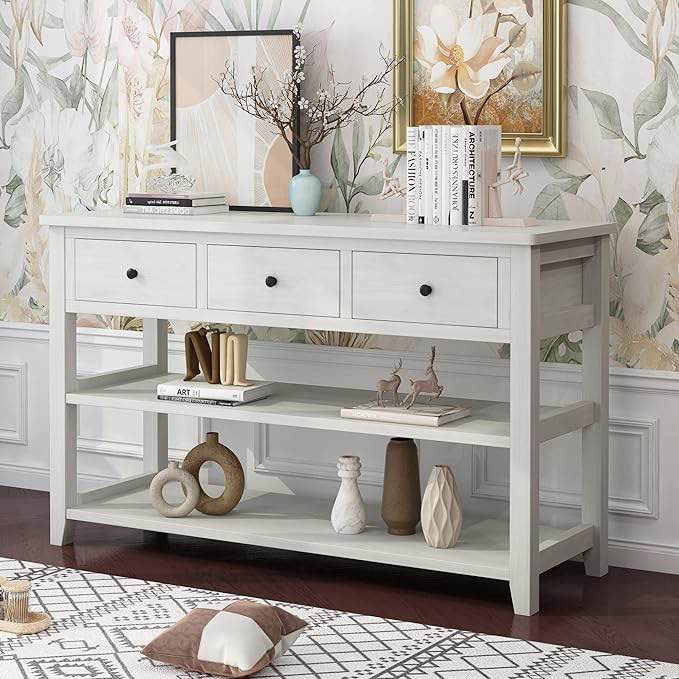 Karl home 47.25 in. White Rectangle MDF Console Table with 3-Drawers and 2 Shelves